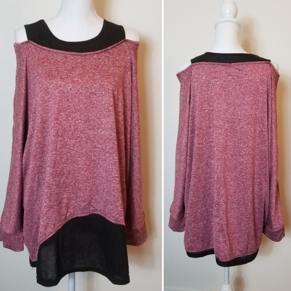 Tops - Heathered Red Cold Shoulder Long Sleeve